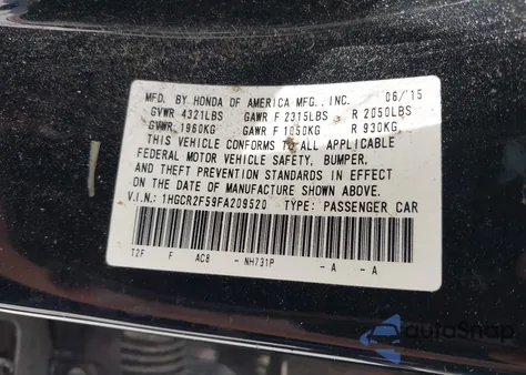 2015 Honda Accord Sport z USA, uszkodzony, nr VIN 1HGCR2F59FA209520